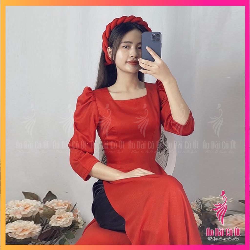 Áo Dài Truyền Thống Cổ Vuông Tay Bồng Dài Lụa Tây Thi Hàng May Sẵn