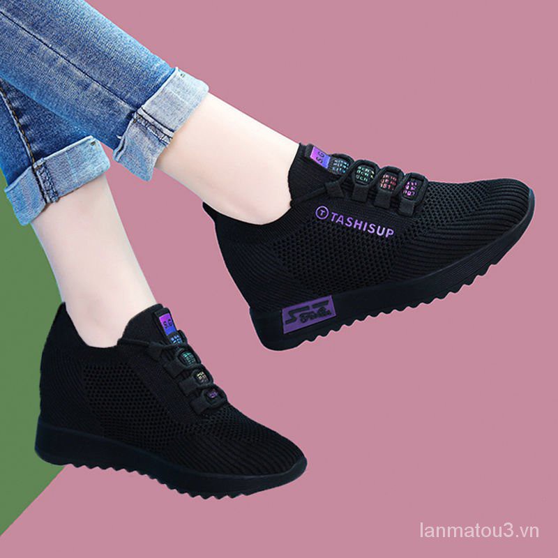 Height Increasing Insole Women's Shoes Spring and Summer2020New Versatile Casual Travel Shoes Platform Black Breathable Sneakers for Women