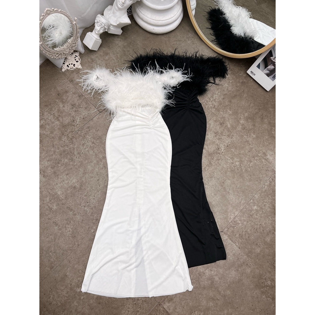 Đầm maxi lông vũ trễ vai cao cấp - - Ꮯɦ𝚊̂́ȶ Ꮮɨ𝚎̣̂𝚞: thun ước + lót thun + kết lông vũ y hình 𝙵𝚛𝚎𝚎 𝚜𝚒𝚣𝚎 𝚏𝚘𝚛𝚖