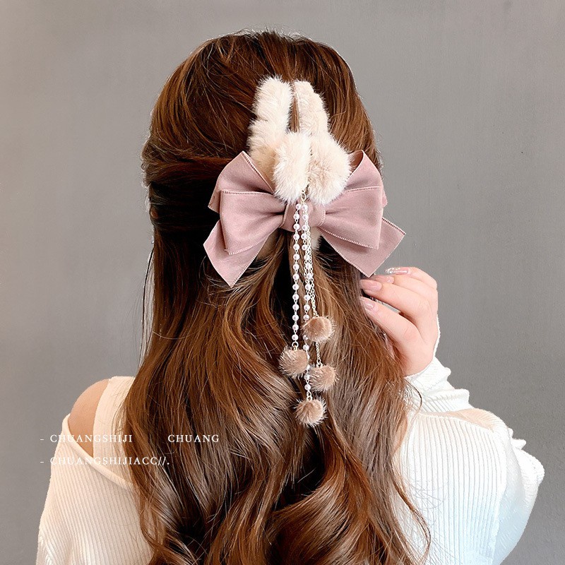 Kẹp Tóc Nơ Phối Tua Rua Đính Ngọc Trai Nhân Tạo Thời Trang 2022