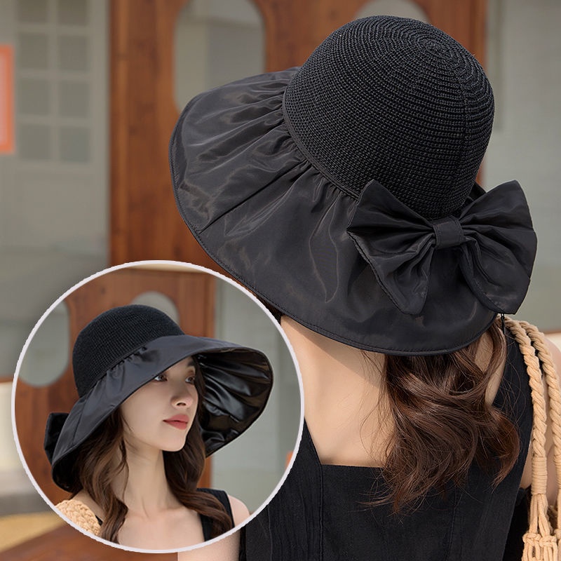 Mũ tai bèo rộng vành thời trang chống tia UV có dây đeo phối nơ là cái túi có thể tháo rời để bỏ mũ mẫu mới