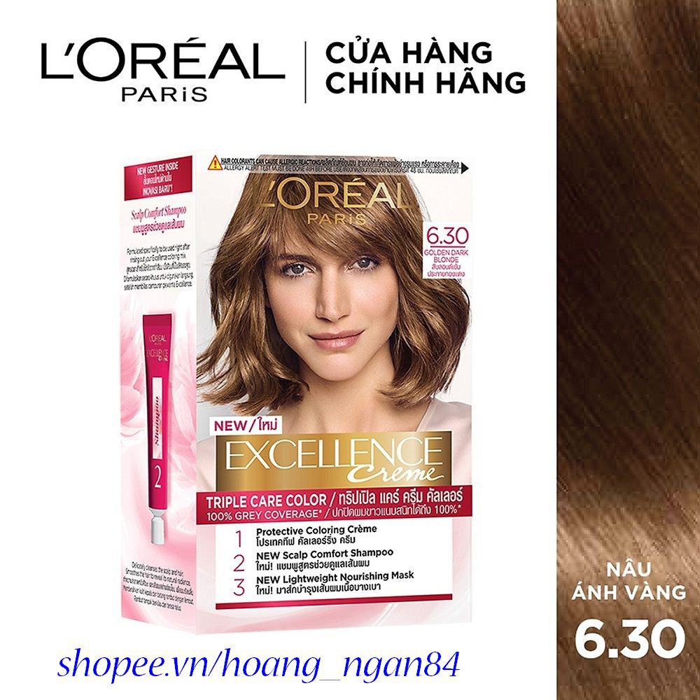 Thuốc Nhuộm Tóc Loreal Số 6.30 Nâu Ánh Vàng Excellence Cream 172ml Dưỡng Tóc Phủ Bạc Chính Hãng.