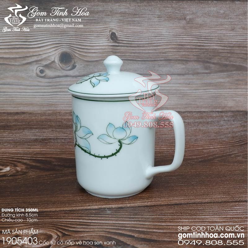 Ly cốc sứ có nắp vẽ hoa sen xanh Gốm sứ Bát Tràng