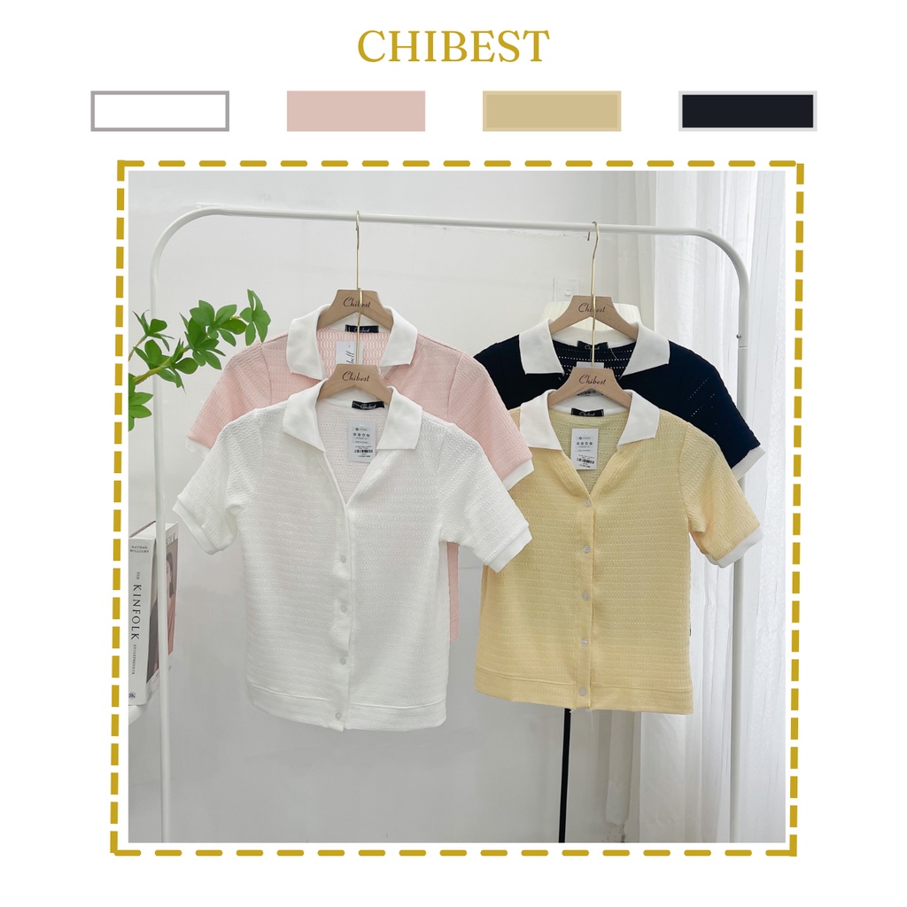 Áo Thun nữ from vừa chất liệu xốp rổ gài nút phối cổ trắng CHIBEST LAB79