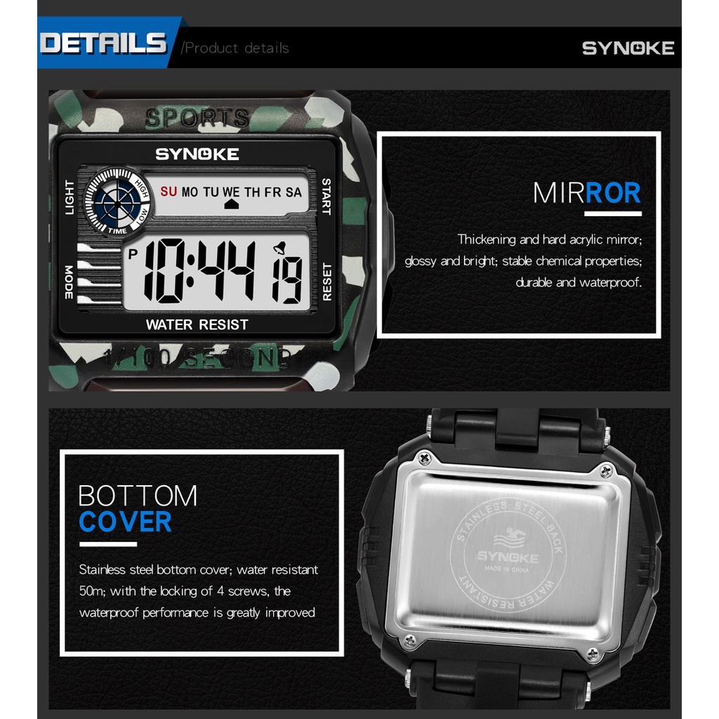 Đồng hồ nam SYNOKE Big Dial Digital 50M Đồng hồ điện tử phát sáng chống nước Đồng hồ thể thao