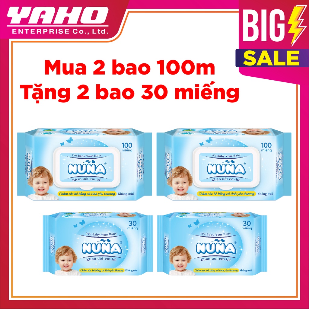 COMBO 2 BAO KHĂN ƯỚT EM BÉ NUNA KHÔNG MÙI 100M - TẶNG 2 BAO KHĂN ƯỚT EM BÉ NUNA 30 MIẾNG