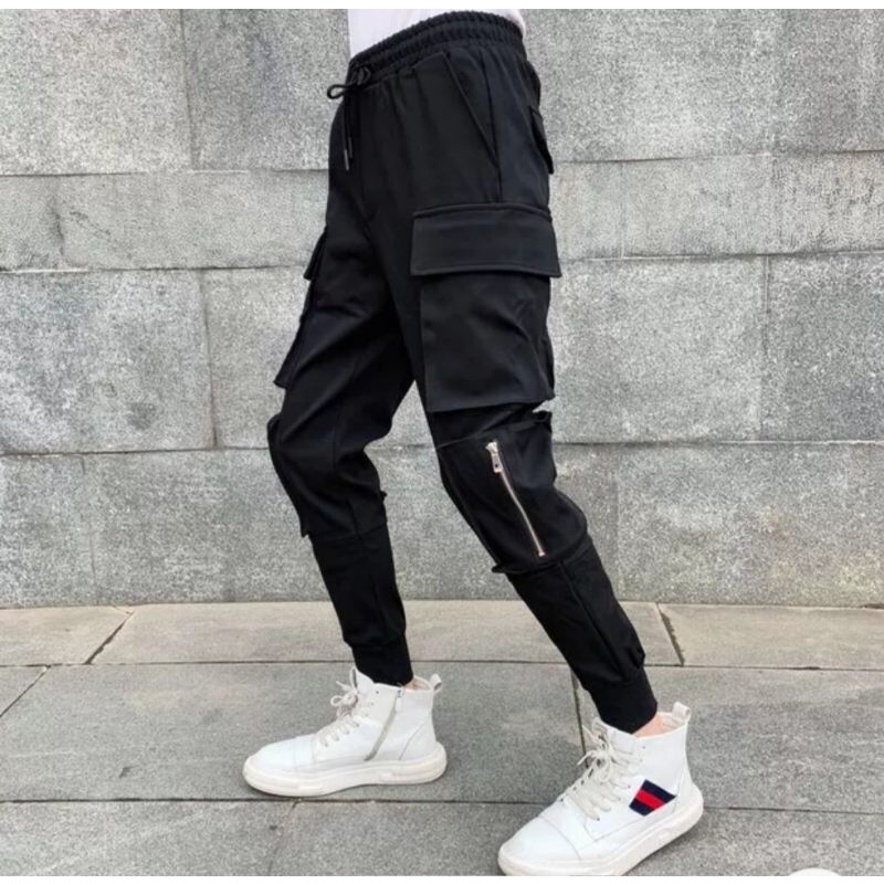 Quần kaki nam dài màu đen 2 túi nắp, 2 túi dây kéo ken fashion