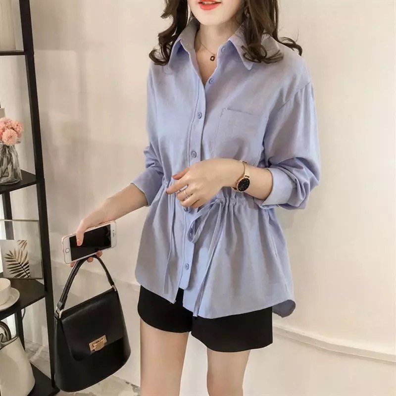 Áo kiểu RENJIANVSHENG tay dài cổ bẻ eo thắt dây phong cách Hàn Quốc thanh lịch cho nữ