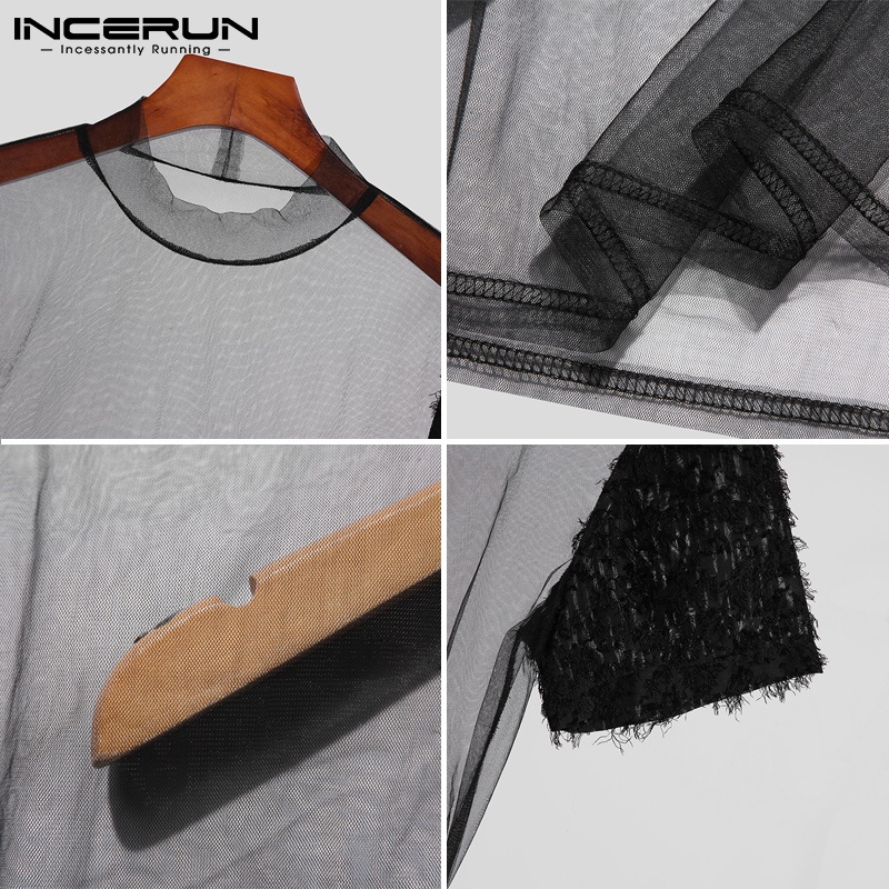 Áo thun INCERUN lưới xuyên thấu ngắn tay phối tua rua gợi cảm cho nam