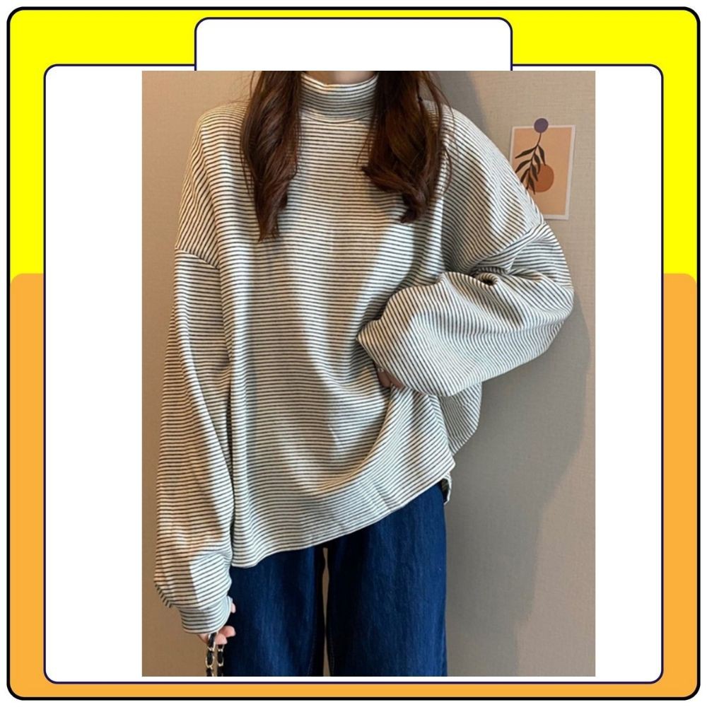 Áo nỉ sweater kẻ cổ lọ , áo len kẻ ngang cổ cao tay bồng cá tính năng động Queenshop