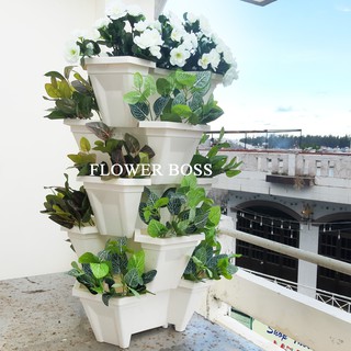 Bộ combo chậu nhựa trắng xếp tầng tháp trồng rau, trồng cây cảnh, hoa quả các loại, chậu tam giác