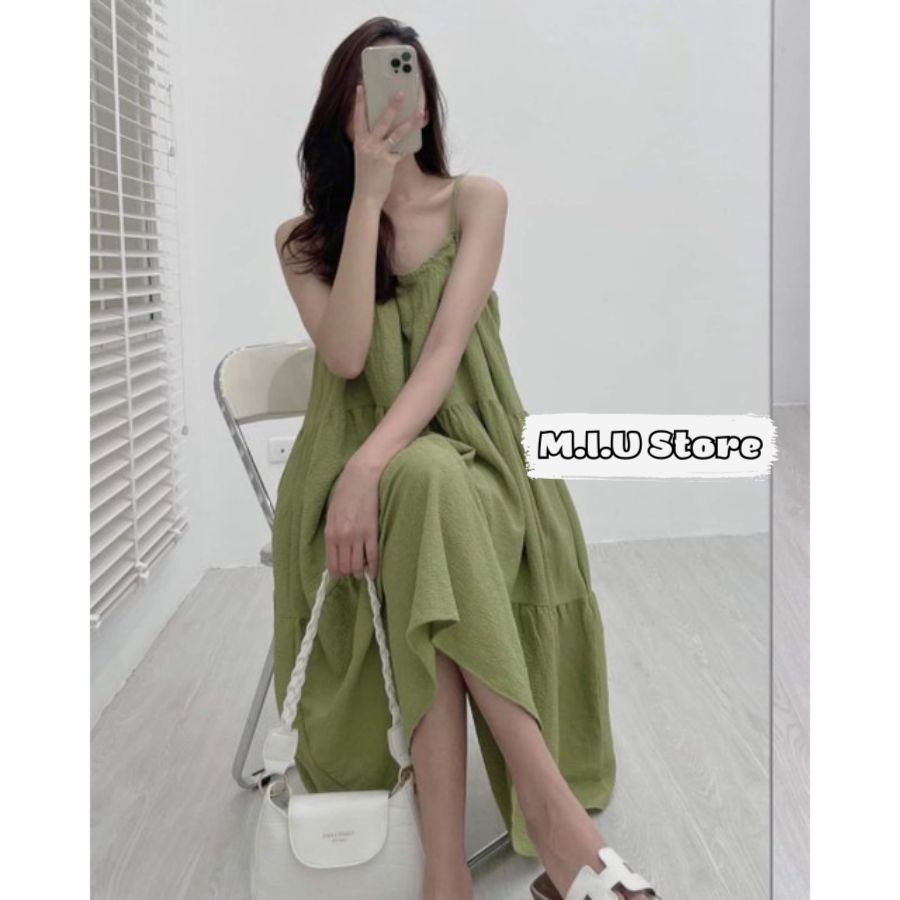 Váy đầm hai dây maxi xòe tầng đi biển dáng babydoll rộng chất đũi mềm mát