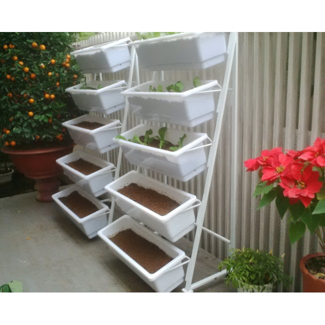 Chậu nhựa thông minh trồng rau trồng hoa, hình chữ nhật, giá treo chậu kích thước 48x20x16cm và 67x24x16