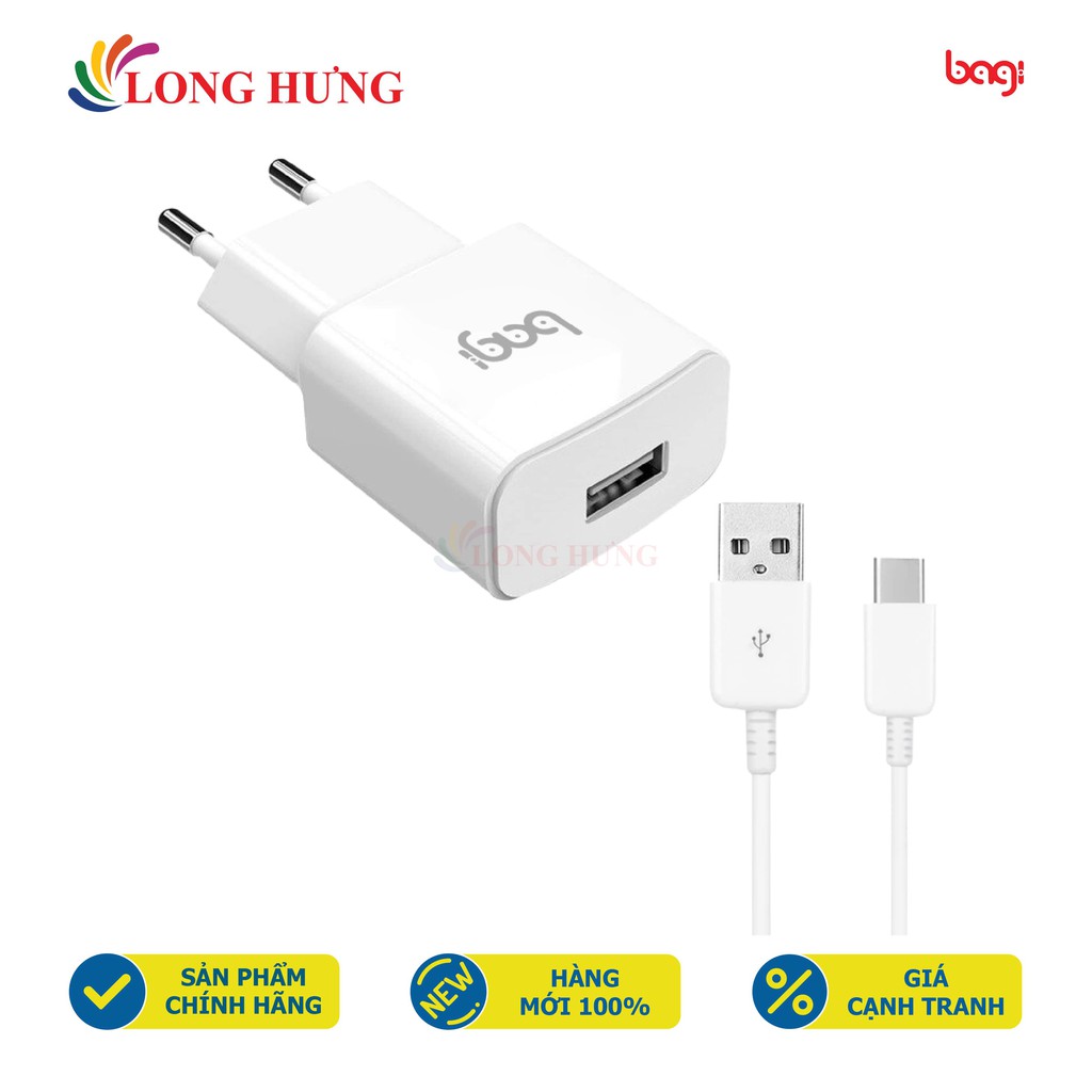 Combo cốc sạc Bagi QC 3.0 2A 1USB + Cáp USB Type-C 2.0 1.2m CB-M30 2020 - Hàng chính hãng