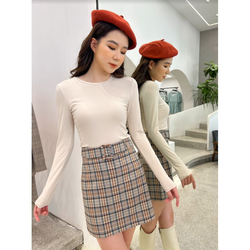 Áo len crop top rib cổ tròn ôm beige 1TS5002