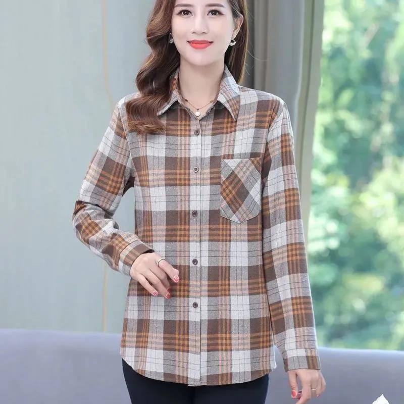 Áo Sơ Mi Cotton Tay Dài Kẻ Sọc Caro Thời Trang Cho Phụ Nữ Trung Niên