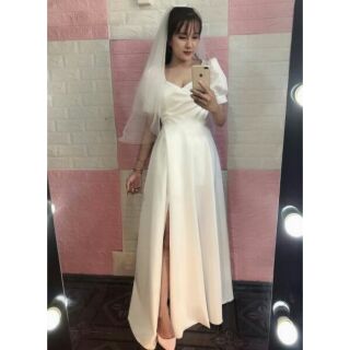 (nhận may theo size) Dạ hội cưới phi trắng tay phồng xẻ tà, váy trắng chụp ảnh cưới, dạ hội trắng đi tiệc sang trọng