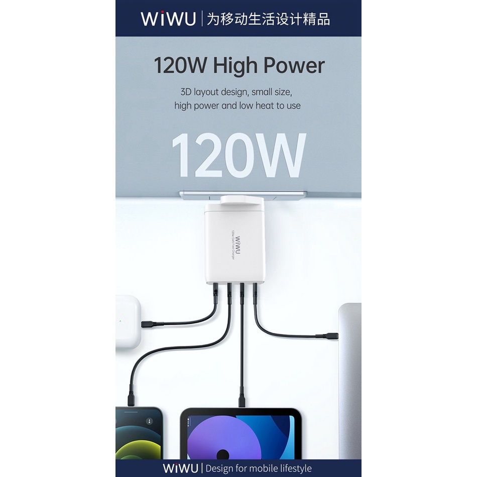 Củ sạc Wiwu Mini Gan Quick Charger TR257- A Công suất cao 120W, sạc laptop, máy tính bảng, điện thoại - hàng chính hãng