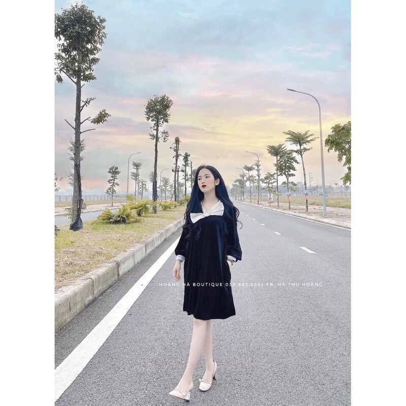 Váy nhung đen phối NƠ sang chảnh(kèm video thật)
