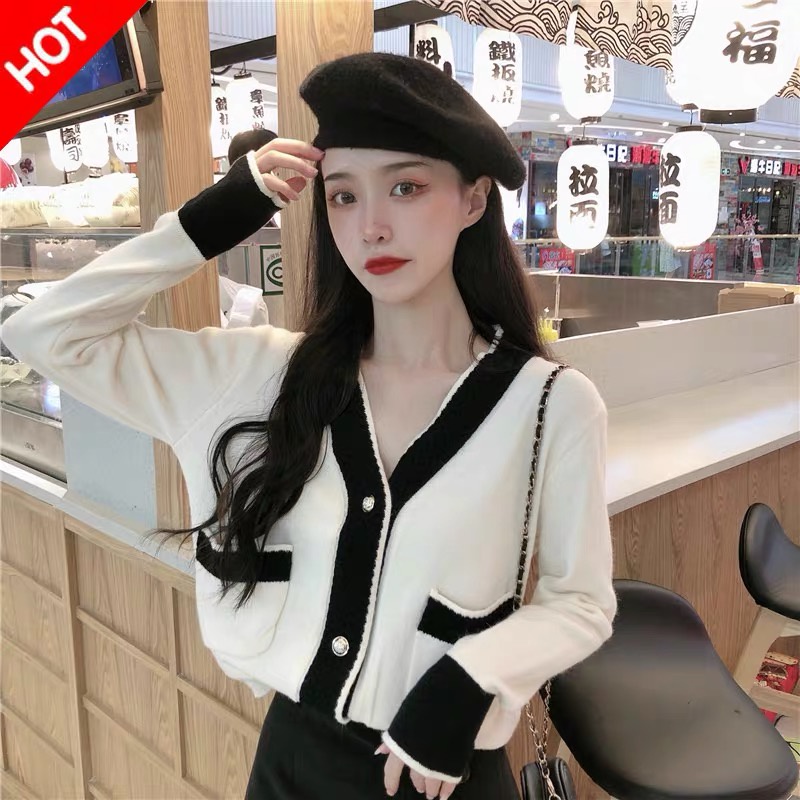 Áo khoác cardigan dệt kim cổ chữ V phong cách Pháp thời trang dành cho nữ