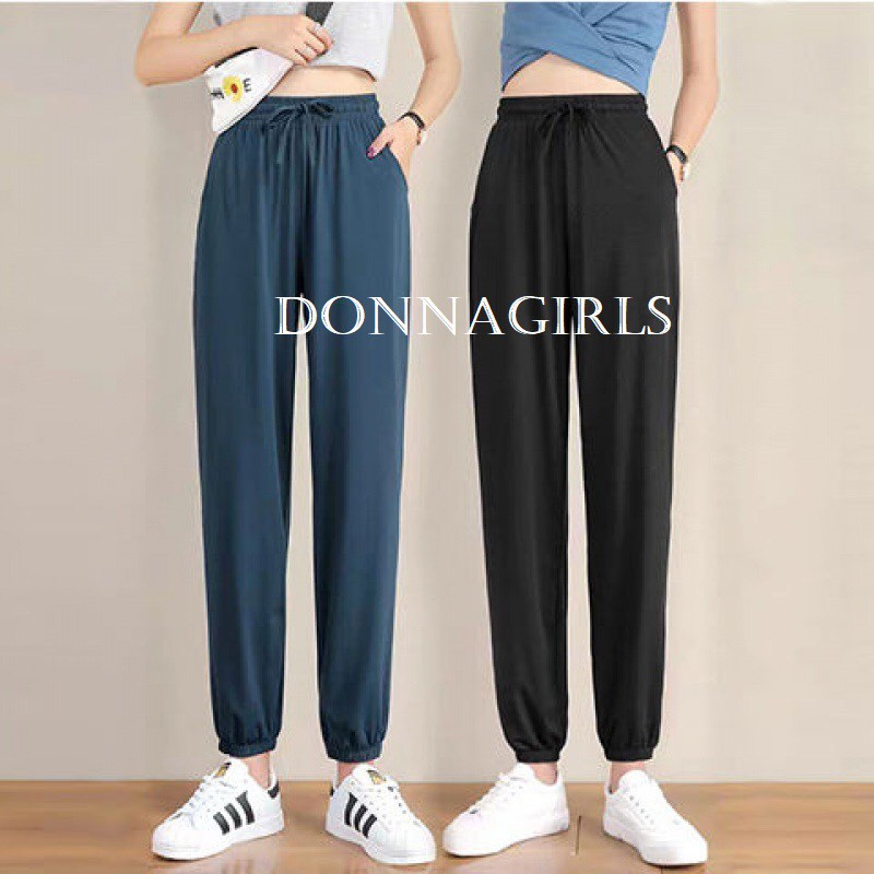 Quần jogger nữ Ulzzang lụa hàn siêu mát kiểu quần ống rộng nữ bo gấu cạp cao QO01 ...