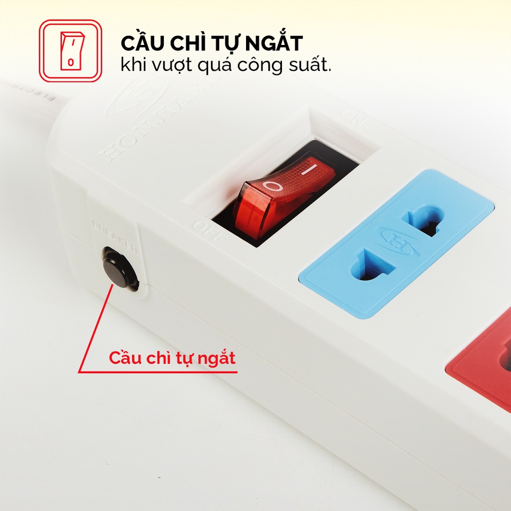 Ổ cắm điện đa năng Honjianda Mã 03 Dây 3m/5m - an toàn chống quá tải