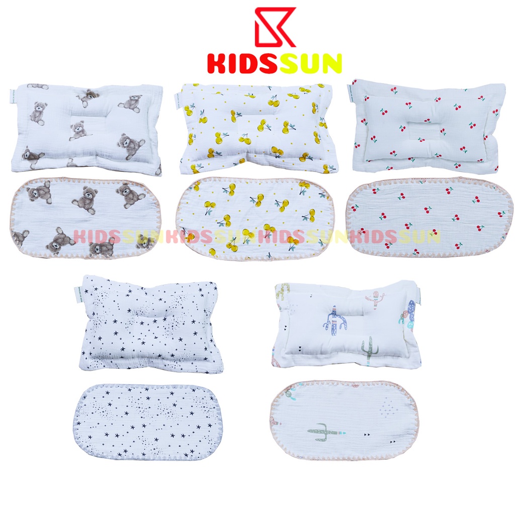 Bộ Gối Chống Lõm Đầu Và Khăn Lót Mồ Hôi Cao Cấp Cho Bé Kidssun Chất Liệu Vải Xô Mềm Mịn Thoáng Mát Thấm Hút Mồ Hôi