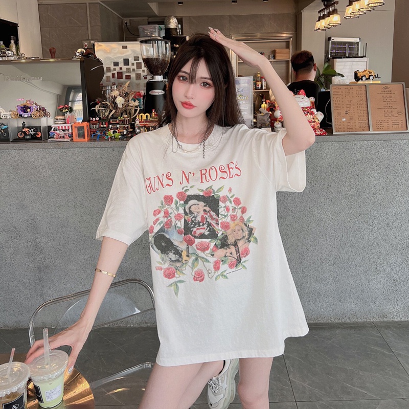 Áo Thun Nữ Ngắn Tay Cổ Tròn In Hoa Thời Trang Hàn