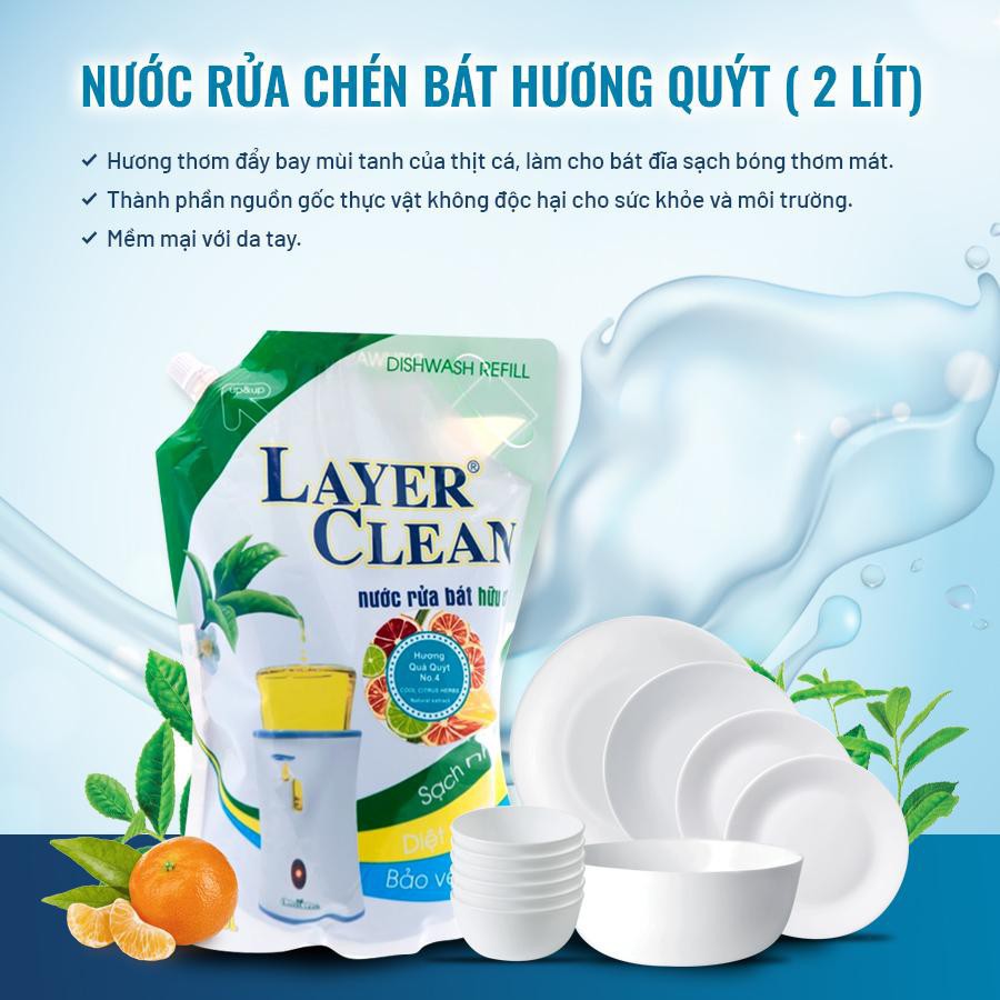 {TIN DÙNG} Nước Rửa Chén Bát Hữu Cơ Organic Layer Clean Hương Quýt Túi 2L Chiết Xuất Từ Thực Vật, Thân Thiện Với Làn Da