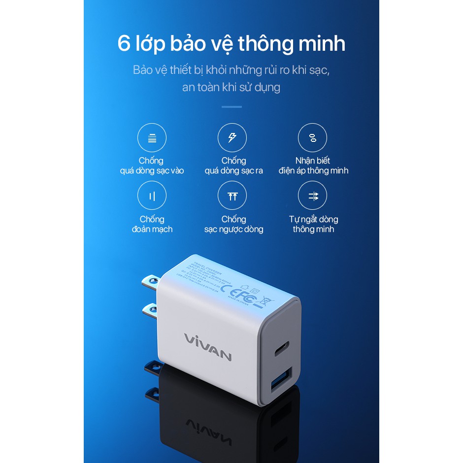 Cốc Sạc Nhanh VIVAN DQ02U 18W 2 Cổng USB-A/Type-C - BẢO HÀNH 12 THÁNG