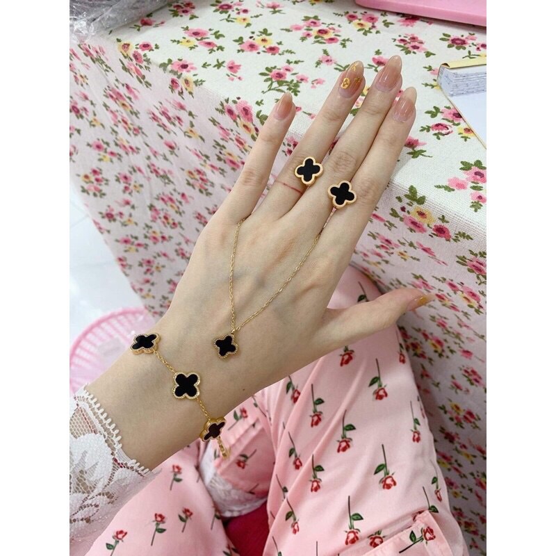 Set dây chuyền bông tai lắc tay titan 4 lá cam kết không đen k gỉ