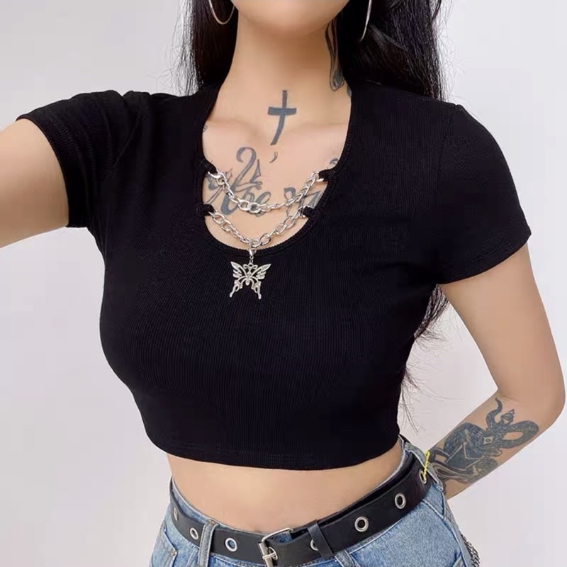 Áo thun gân croptop phối xích khoét ngực sexy