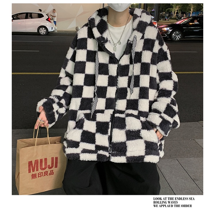 Áo khoác nam dáng rộng, áo khoác lông cừu nam kẻ caro thời trang phong cách Hàn Quốc