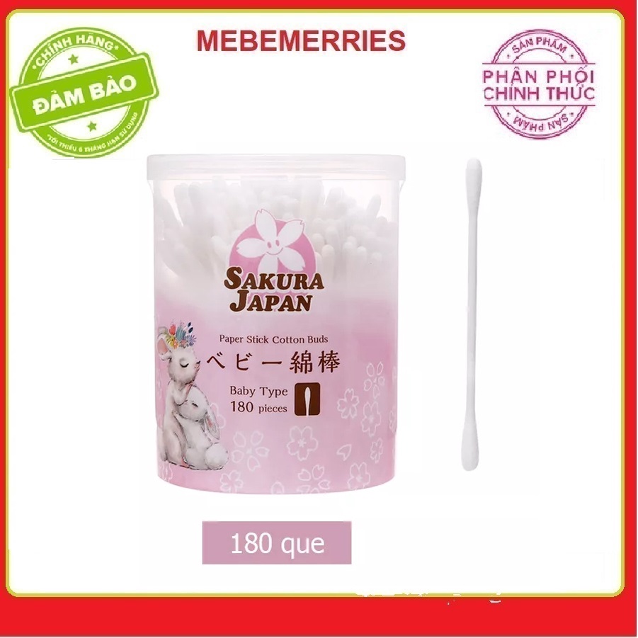 Tăm bông kháng khuẩn Sakura baby (2 đầu tròn) - Hộp 180 que