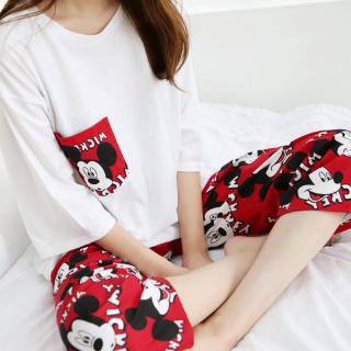 Bộ Đồ Ngủ Ngắn Tay In Hình Chuột Mickey Đáng Yêu Cho Nữ