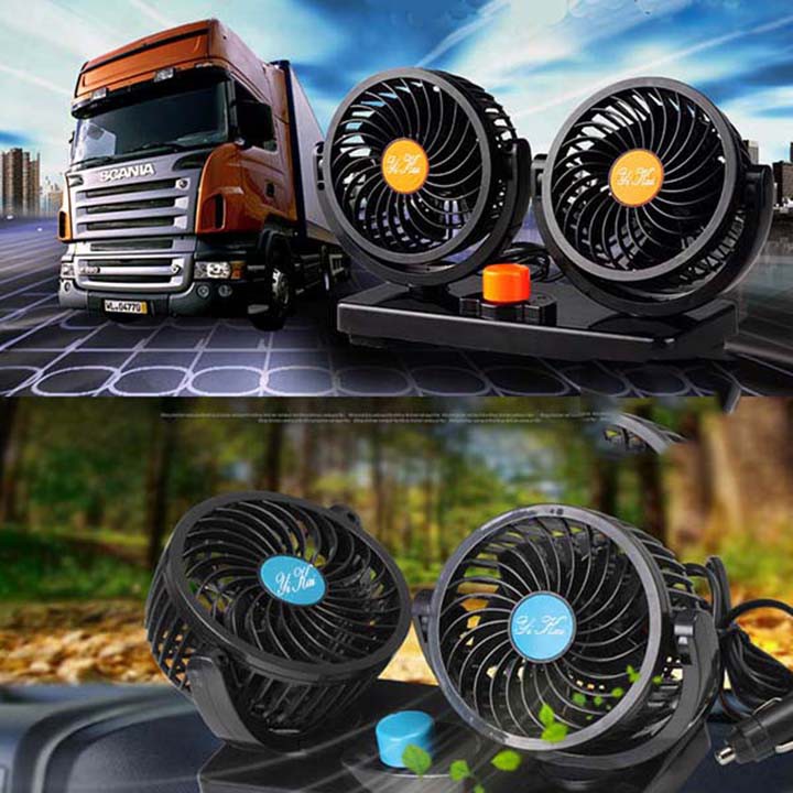 Quạt Đôi Mini Thông Minh 12V Thông Gió Cho Xe Hơi Xe Tải Xoay 360 Độ