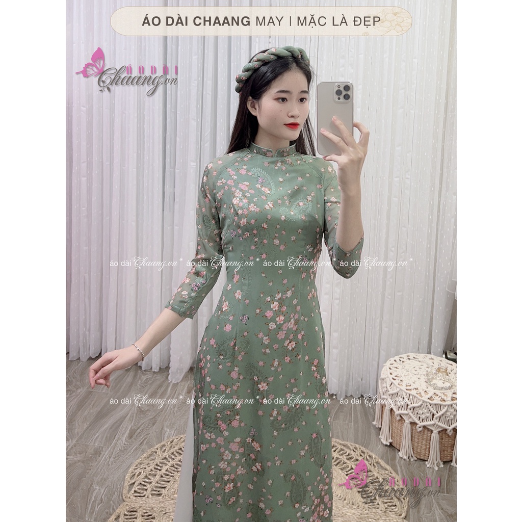 Áo dài hoa nhí 4 tà Chaang may sẵn áo dài xanh rêu truyền thống dự tiệc lễ tết đẹp