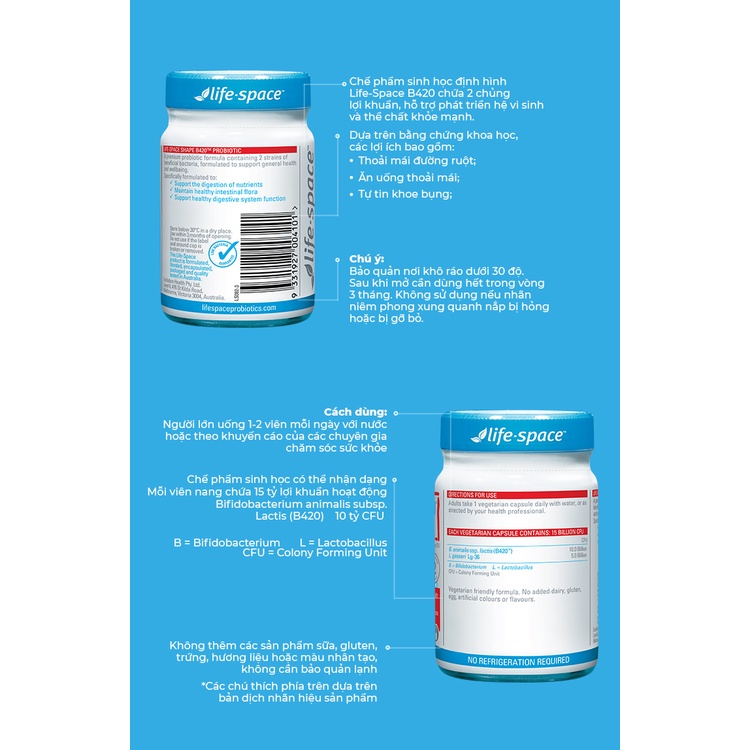Men vi sinh hỗ trợ tiêu hóa Life Space Shape B420 Probiotic 60 viên - Hàng chính hãng