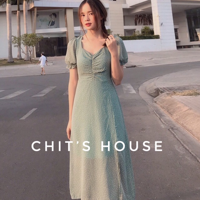 Đầm xanh tay nhún