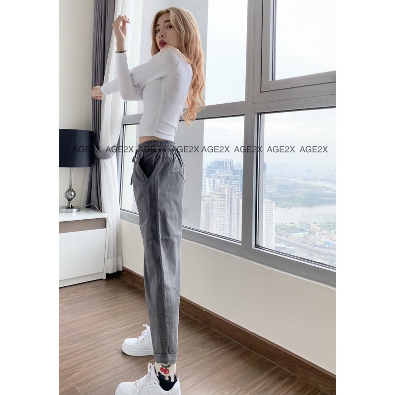 Quần baggy nữ AGE2X chất kaki phối thun gân co giãn thoải mái hàng vnxk