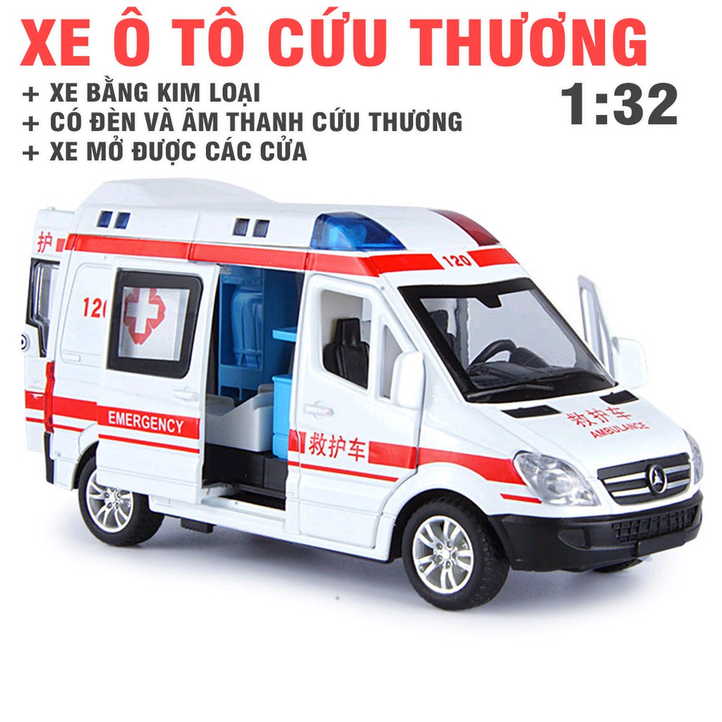 Xe ô tô cứu thương bằng sắt có âm thanh và đèn mở được các cửa