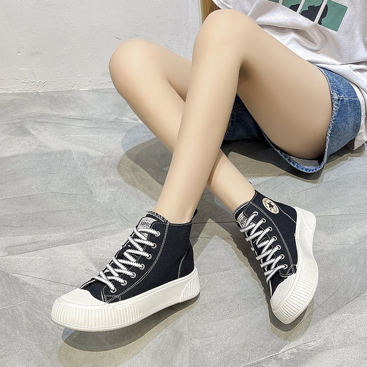 JINxCHOY Giày thể thao JINXCHOY vải canvas cổ cao mũi tròn buộc dây chéo màu trơn đế dày thời trang cho nữ