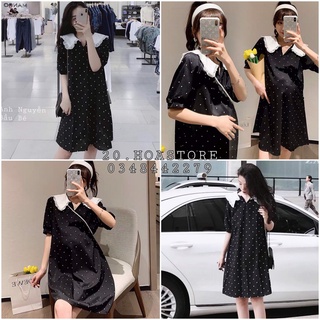 VÁY CHẤM BI CỔ SEN HOT - VÁY ĐẦM BẦU SUÔNG CỔ V CHẤM BI SIÊU ĐẸP