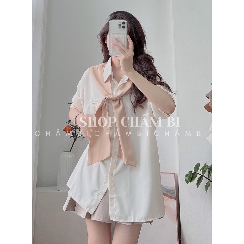 Áo sơ mi style Hàn Quốc A.333, Áo kiểu cộc tay cổ khăn quàng phong cách đơn giản ngọt ngào - Thời trang shop Chấm Bi