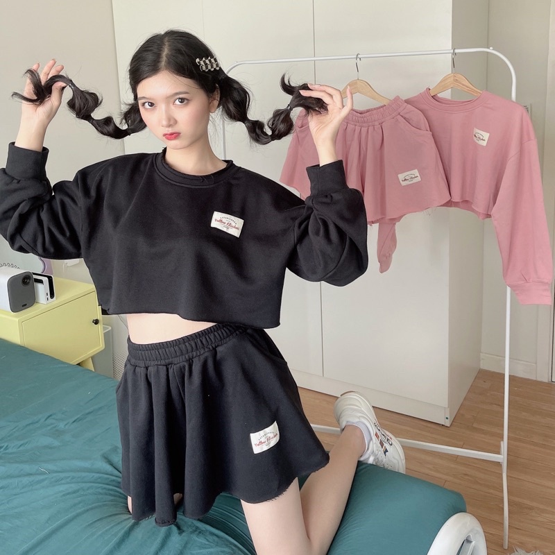 Bộ đồ nữ áo croptop tay dài và quần giả váy YELLOW FLICKER freesize