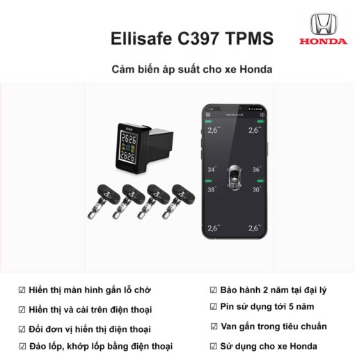 Icar C397 _ Cảm Biến Áp Suất Lốp ICAR C397 Cho Lỗ Chờ Xe Honda + Hiển Thị và Cài Đặt Trên Điện Thoại Không có đánh giá