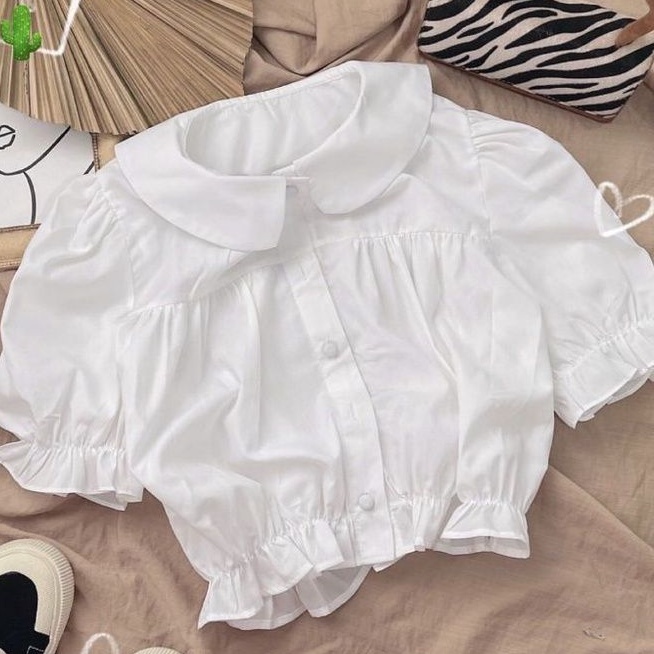 Áo sơ mi bèo cổ sen CROPTOP nút bọc dễ thương PCA❤