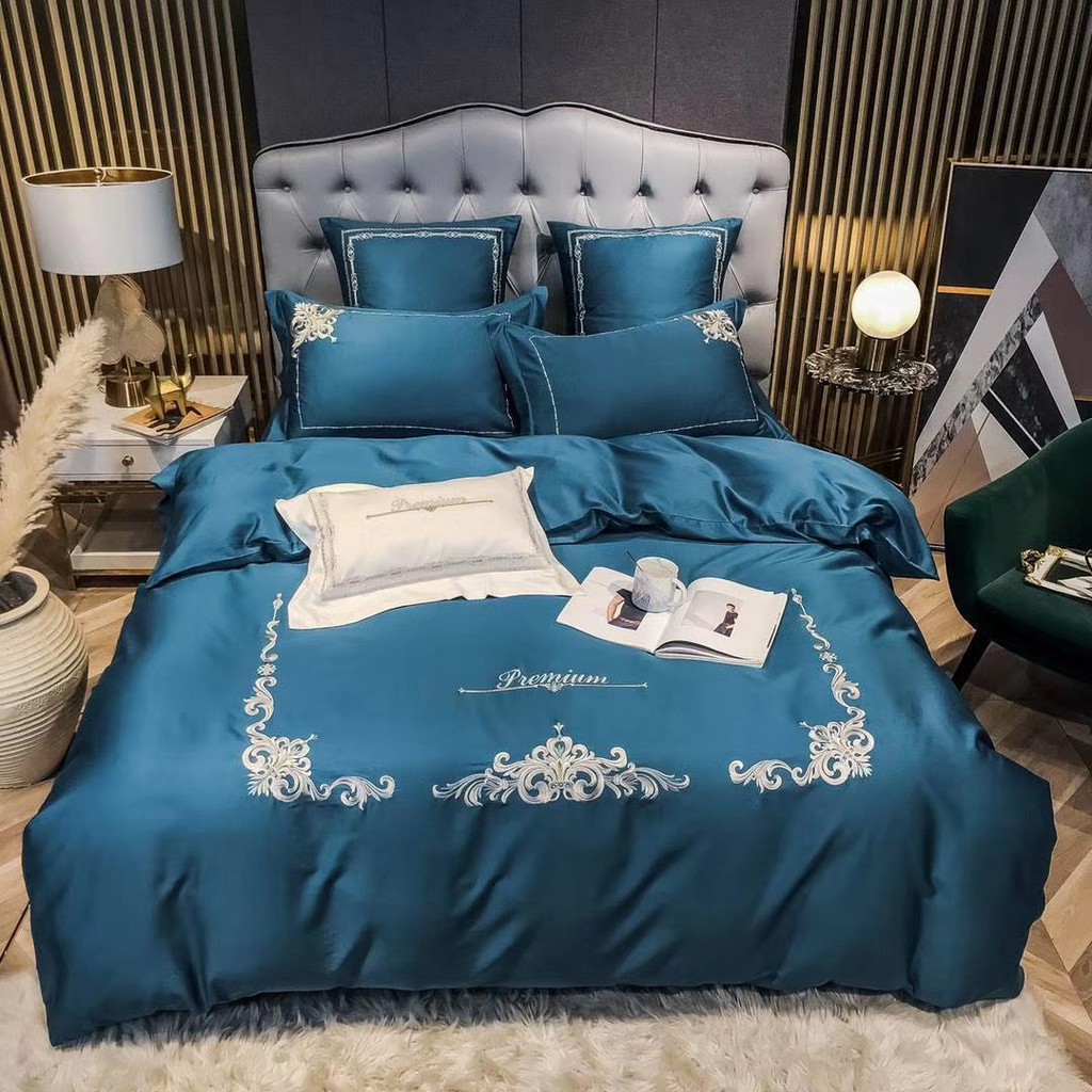 Bộ chăn ga gối lụa tencel 60s thêu tinh tế mẫu mới 2022 , Ga giường vỏ gối tencel chất liệu mềm mịn không nhăn không xù