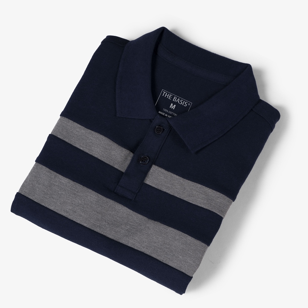 Áo thun polo nam phối màu xanh đen sọc xám tinh tế, cotton cá sấu, BASIS APL95 | BigBuy360 - bigbuy360.vn