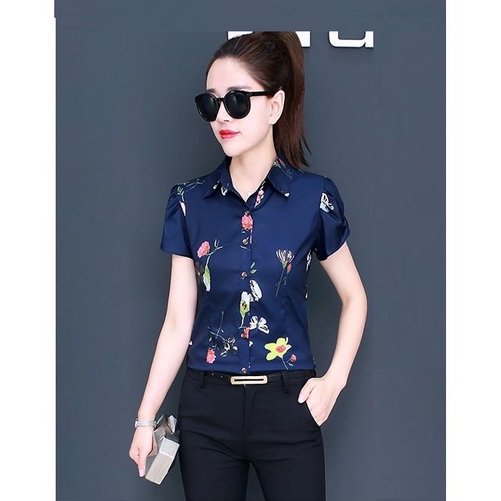 Áo sơ mi nữ công sở cao cấp kiểu Hàn Quốc form rộng đẹp ngắn tay, tay búp sen màu Hồng, Xanh Đen